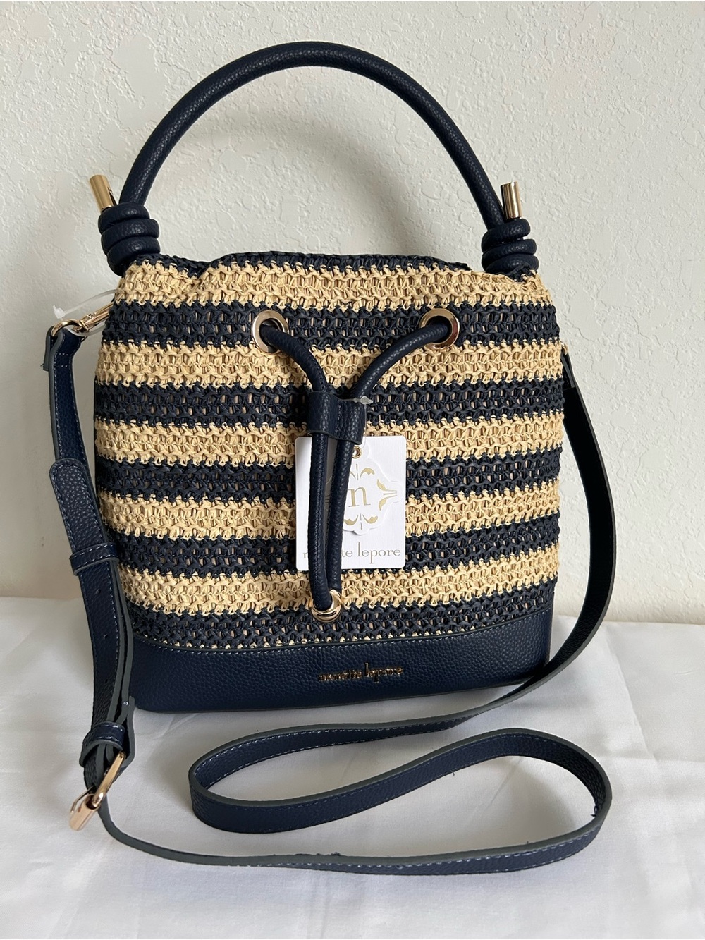 Nanette Lepore Navy & Natural Striped Woven Bucket Bag
